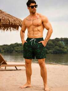 Manfinity KASUA Men's Floral Print Drawstring Waist Beach Shorts, Holiday - Green - View 5