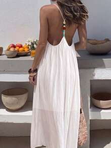 SHEIN Holidaya Women's Backless Pearl Design Spaghetti Strap White Summer Dress, Boho Tropical Holiday Vacation, Elegant Casual Resort Wear Beach Vacation Clothing - White - View 4