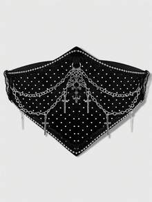 ROMWE Goth 1件裝女款黑色鏈條裝飾腰封，日常穿著/派對穿著，哥德龐克風波點十字邊珠飾蕾絲雙鏈裝飾，PU布料＋波點布料，蕾絲波點腰封 - 黑絲蕾絲波點鏈條束腰 - 查看 3