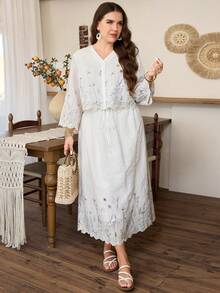 Lacomfia Plus Size 3/4 Sleeve Embroidered & Printed A-Line Skirt Set, Elegant Casual Resort Wear For Women - Apricot - View 2