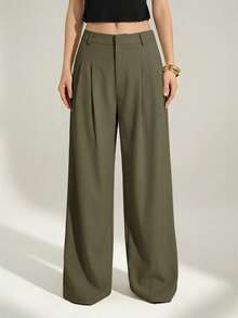 Tall Pantalones anchos de cintura alta plisados de estilo empresarial sexy y casual - Pantalones sueltos de unicolor elegante, ropa profesional de oficina, pantalones de trabajo con co - Verde militar - Ver 11