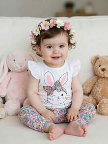 SHEIN Vintaside Kids 2pcs/Set Baby Girl Easter Rabbit Flutter Sleeve Top And Floral Pants Set For Summer - White - View 8