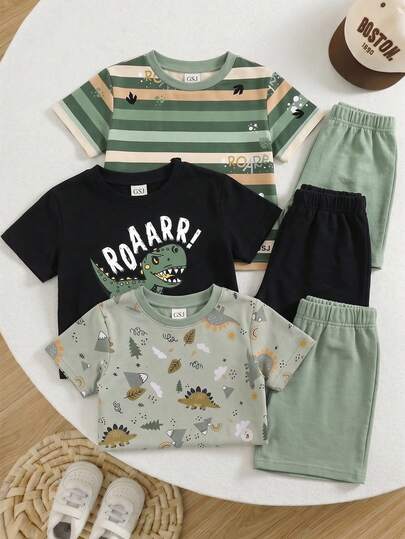 Conjunto de Ropa para Niños Pequeños 6 Piezas Estampado Dinosaurios Jurásicos Camisetas de Manga Corta y Pantalones Cortos de brush Suave Casual Verano Outfits Infantiles Cómodos Diseño de Moda Estilo "Roar" Colores Verde Oliva y Negro para Diario y Juego GSJ Quality