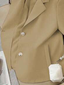 Franclia Áo khoác blazer tay ngắn màu trơn mới, kiểu dáng tối giản, phù hợp cho công sở. - Màu Khaki - Xem 3