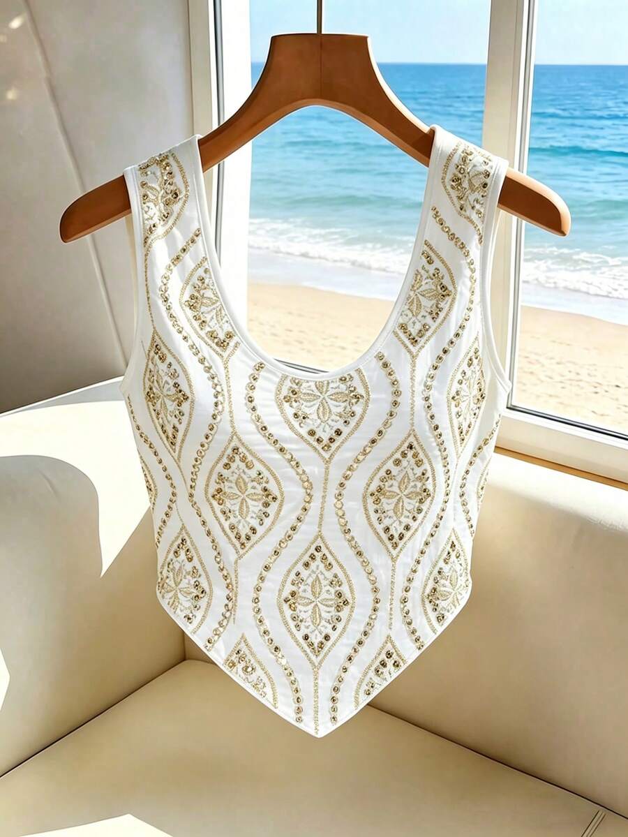 SHEIN Franclia Áo kiểu không tay cổ chữ V thanh lịch, đính sequin và thêu, thích hợp cho các buổi tiệc mùa hè, hẹn hò, tiệc chiêu đãi, cũng như mặc hàng ngày, đi làm, công sở, văn phòng, trang phục thường ngày. - trắng - Xem 1