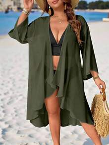 Swim Lushoire Áo khoác ngoài dáng kimono màu đen trơn, nhẹ, rộng rãi dành cho nữ cỡ lớn, thiết kế trưởng thành và tối giản. - màu xanh lá - Xem 4