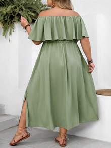 SHEIN CURVE+ Curve 尺码 US22 音乐节、海滨度假、波西米亚风黑色露肩宽松 A 字连衣裙、休闲度假连衣裙、黑色时尚连衣裙 - 橄欖綠 - 查看 2