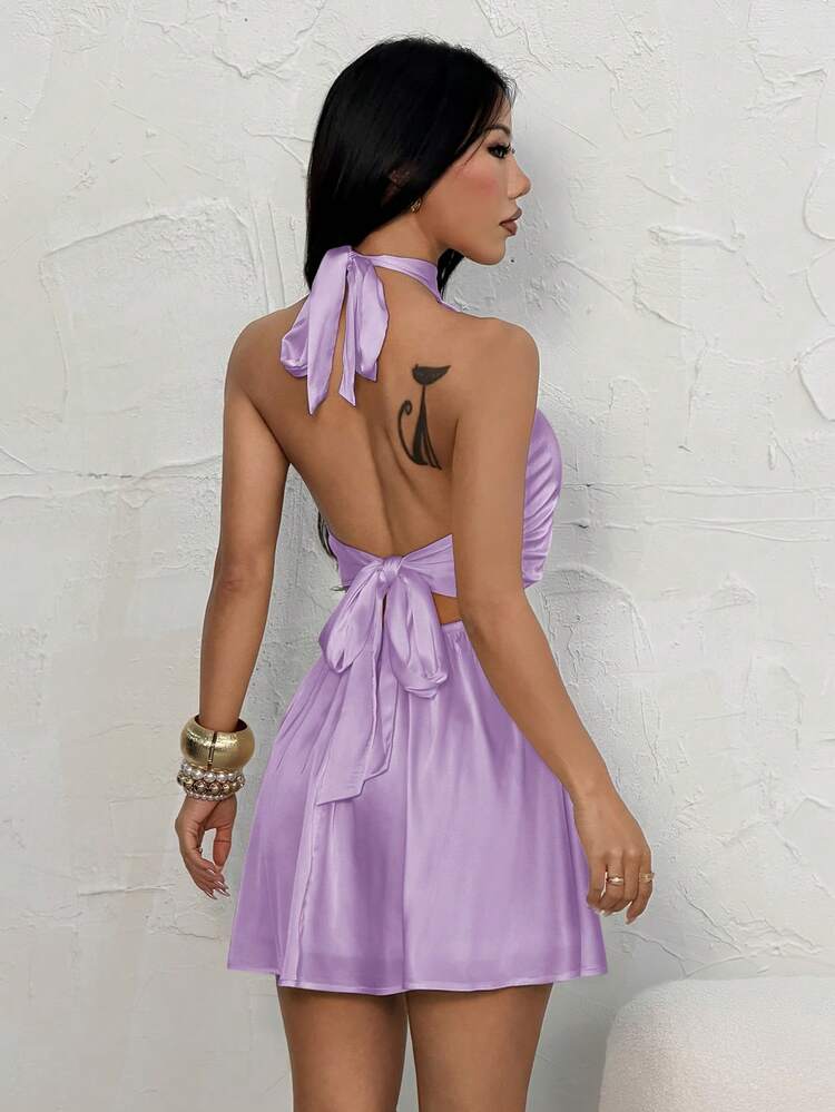 purple halter mini dress Purple Satin Dress - Cowl-Front Halter Dress - Mini Slip Dress