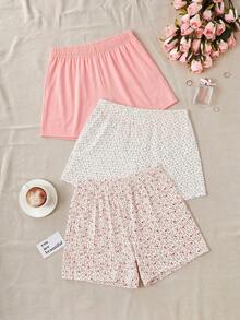 SHEIN Conjunto de 3 peças de shorts e calças de dormir femininos confortáveis e casuais em algodão, com estampas florais multicoloridas e cores lisas. - Multicolorido - Ver 2