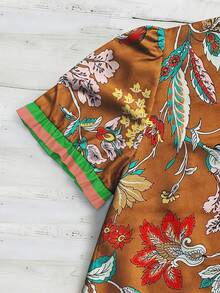 Linhara Áo sơ mi nữ cỡ lớn, dệt in họa tiết, phong cách thường ngày, thích hợp cho kỳ nghỉ hè. - màu nâu - Xem 5