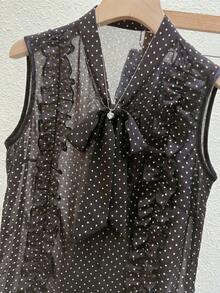 SHEIN Holidaya 女士波点系带休闲百搭日常衬衫 - 黑色 - 查看 2
