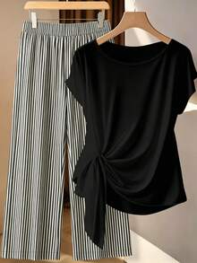 EMERY ROSE Casual Minimalist Retro Black & White Striped Print Plus Size Women's Vacation Pants Set, 2-Piece Outfit, Suitable For Summer - Multicolor - View 1