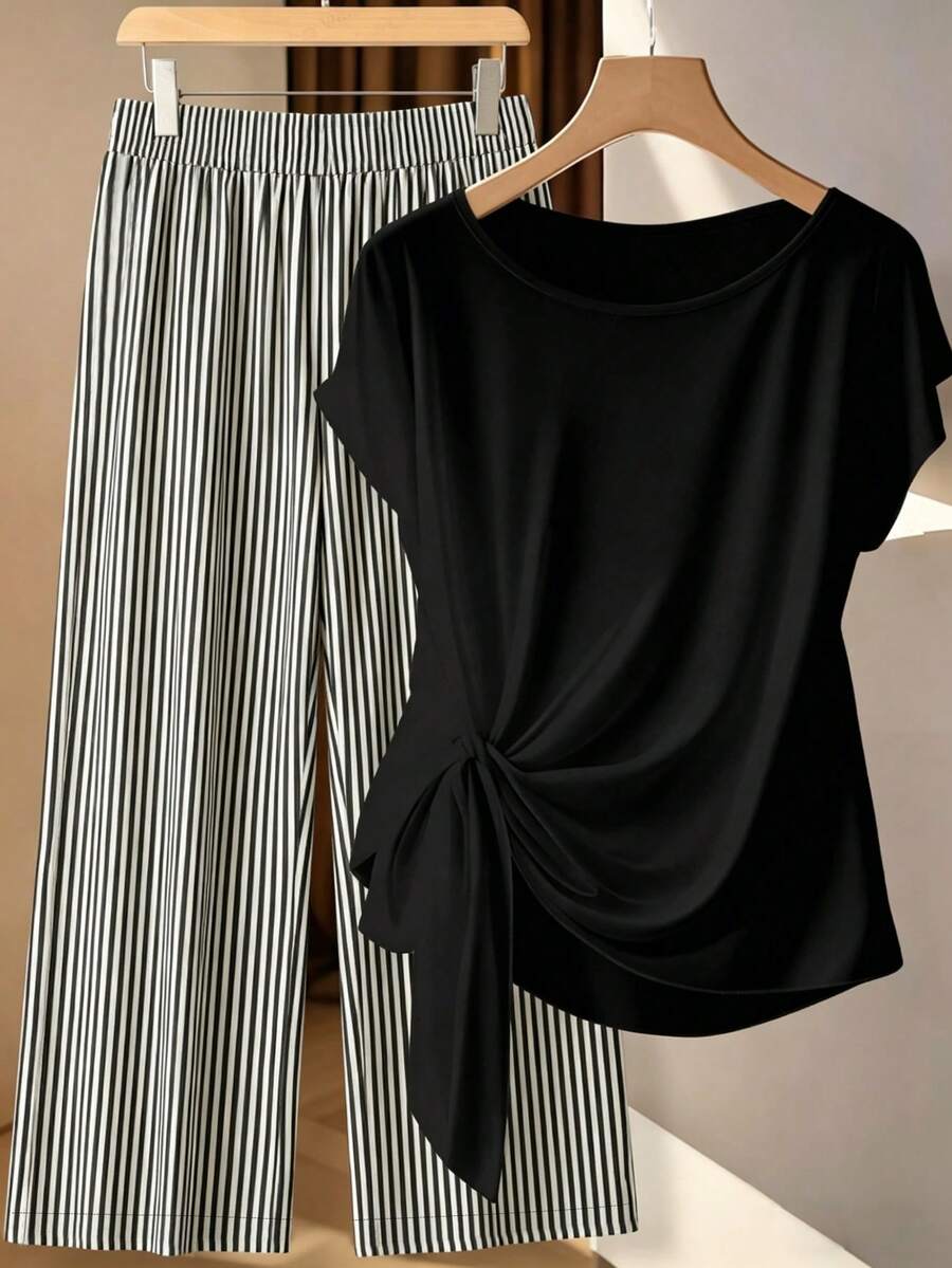 EMERY ROSE Casual Minimalist Retro Black & White Striped Print Plus Size Women's Vacation Pants Set, 2-Piece Outfit, Suitable For Summer - Multicolor - View 1