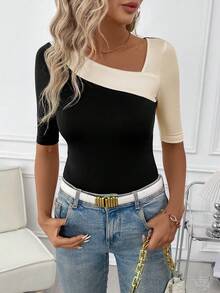SHEIN Clasi Áo thun nữ dáng suông, cổ lệch màu, tay lửng, phối màu tương phản, thích hợp mặc đi làm hàng ngày, mùa hè. - Màu be - Xem 6