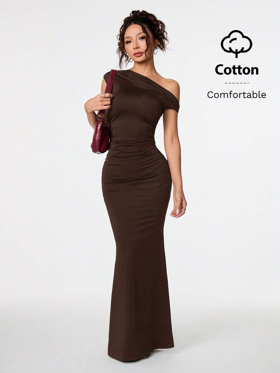 SHEIN PETITE Đầm đuôi cá dài lệch vai, chất liệu cotton thoải mái, thích hợp cho mùa hè, hẹn hò hàng ngày, tiệc tùng, những dịp trang trọng, đi chơi. - Cà phê nâu - Xem 1