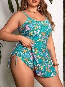 Swim Lushoire Bộ đồ bơi tankini hai dây thắt nơ họa tiết hoa nhiều màu sắc dành cho nữ cỡ lớn, thích hợp cho kỳ nghỉ biển. - màu xanh lá - Xem 4
