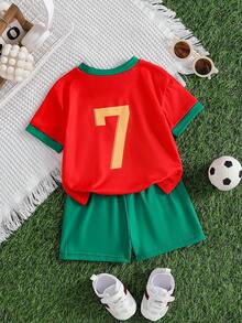 SHEIN 2pcs Baby Boy Portugal No.7 Soccer Outfit, Red Green Jersey & Shorts. Great For Sports Events, Daily Outings, School Activities Photos. - Multicolor - View 3