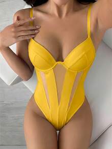 SHEIN PETITE Áo liền thân hai dây màu trơn, kiểu dáng thường ngày, thời trang, gợi cảm dành cho nữ, thích hợp đi nghỉ mát. Áo liền thân bằng vải lưới. - Màu vàng - Xem 6