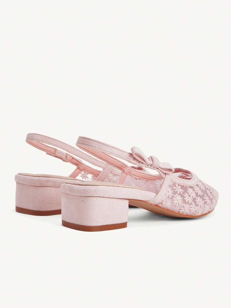 CUCCOO CHICEST Ladies Spring And Summer New Pointed Toe Low Heel Pink Lace Mesh Bow Fashionable Elegant Breathable Lady Style Women's Shoes Thick Heel Low Heel Empty Women's Shoes