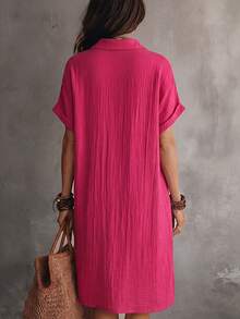 SHEIN Women's 100% Cotton Shirt Dress With Open Collar,Hot Pink Summer Casual Vacation Loose-Fitting Beach Short Dress,Fashionable Spring/Summer Outfit - Hot Pink - View 3