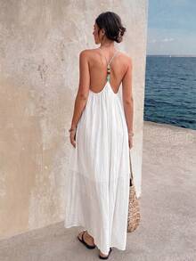 SHEIN Holidaya Women's Backless Pearl Design Spaghetti Strap White Summer Dress, Boho Tropical Holiday Vacation, Elegant Casual Resort Wear Beach Vacation Clothing - White - View 2