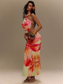 TypaGal Top halter sin espalda con estampado floral y decoración de flores 3D para vacaciones en la playa para mujer - Multicolor - Ver 7