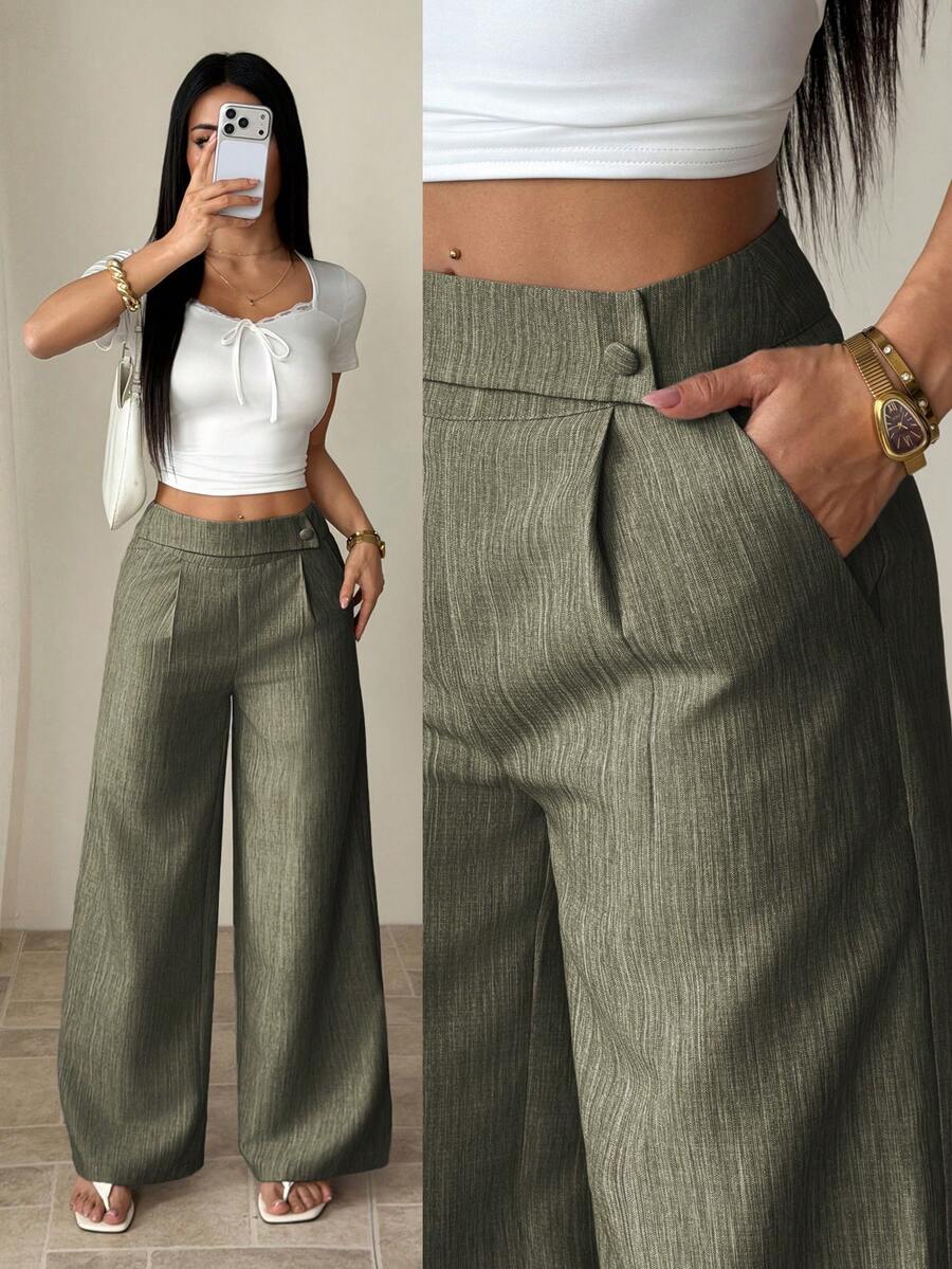 SHEIN PETITE 女士粉色竹纤维面料腰部前片搭扣设计，优雅教师制服，专业休闲，感恩节、万圣节必备百搭宽松直筒裤 - 軍綠色 - 查看 1