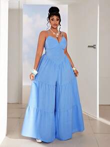 Maweii Mono de tiras de espagueti con escote en V sexy para talla grande, ideal para vacaciones en la playa - Azul - Ver 4