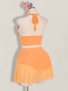 SHEIN ICON Plus Size Women's Y2k Going Out Vacation Floral Print Halter Crop Top And Low-Waist Floral Print Mini Skirt Set, Hawaii Ibiza Outfit - Orange - View 9