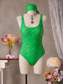 SHEIN Swim 大尺碼女款 2件組 粉色豹紋與斑馬紋連身泳衣，附印花網紗頭巾，夏季海灘度假性感款 - 綠色 - 查看 8