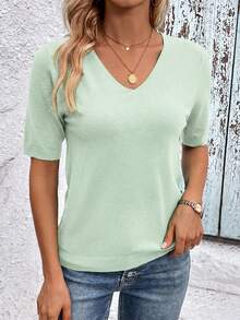 SHEIN Clasi Women's Solid V-Neck Casual Versatile Everyday Knit Top - Mint Green - View 5