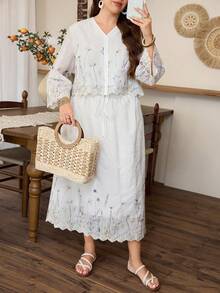 Lacomfia Plus Size 3/4 Sleeve Embroidered & Printed A-Line Skirt Set, Elegant Casual Resort Wear For Women - Apricot - View 7