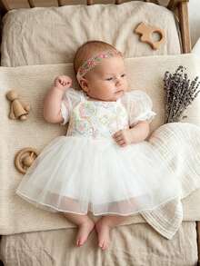 SHEIN White Color Newborn Girl Lace Dress For Photo Shooting Wedding Dresses 0-3 Month Baby Girl Puff Sleeve Photography Outfits With Headband - Multicolor - View 6