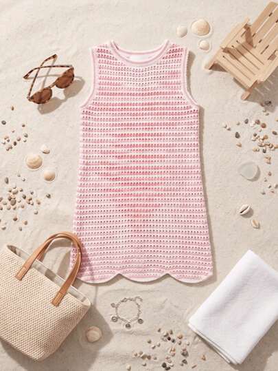Vestido Infantil de Punto Calado Estilo Boho Chic para bebe | Ropa de Playa y Verano Texturizada con Acabado de Ondas en el Ruedo | Prenda de Punto Premium Suave y Transpirable para Vacaciones o Eventos Casuales | Diseño Sin Mangas Cuello Redondo Color Beige Crema Elegante, Rosa y Azul cielo . Versátil para Sesión de Fotos