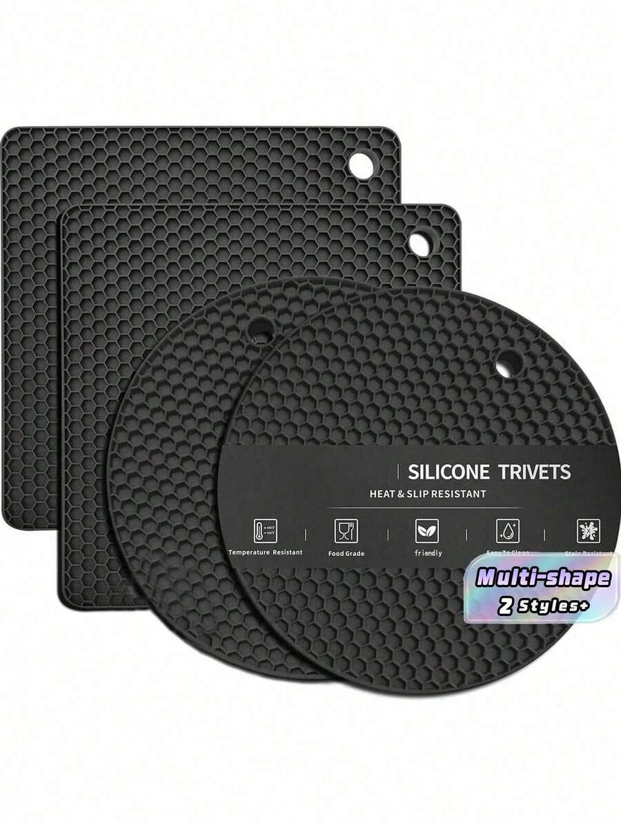 4PCS Black Heat Resistant Silicone Placemats - Multipurpose Thermal Insulation Pads For Hot Pots, Bowls, Microwave & Kitchen Counter - Square and Round - View 1