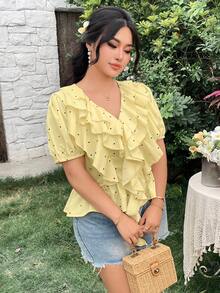 Modelyn Plus Size Summer Casual Polka Dot Print Ruffle Trim Blouse - Yellow - View 3