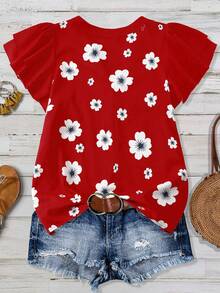 EMERY ROSE Women's Floral Print V-Neck Ruffle Short Sleeve Blouse Red Floral Floral Summer Elegant Elegent Holiday Vacation - Red - View 2