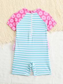 SHEIN Baby Girls Cute Flamingo Floral Print Short Sleeve One-Piece Swimsuit - Multicolor - View 2