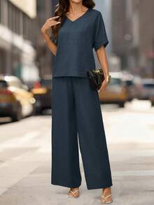 Editum Women's Summer Navy Blue Casual Everyday Solid Elegant Outfit,Textured Round Neck Short Sleeve Loose Top And Wide Leg Pants Set For Daily Vacation - Blue - View 4