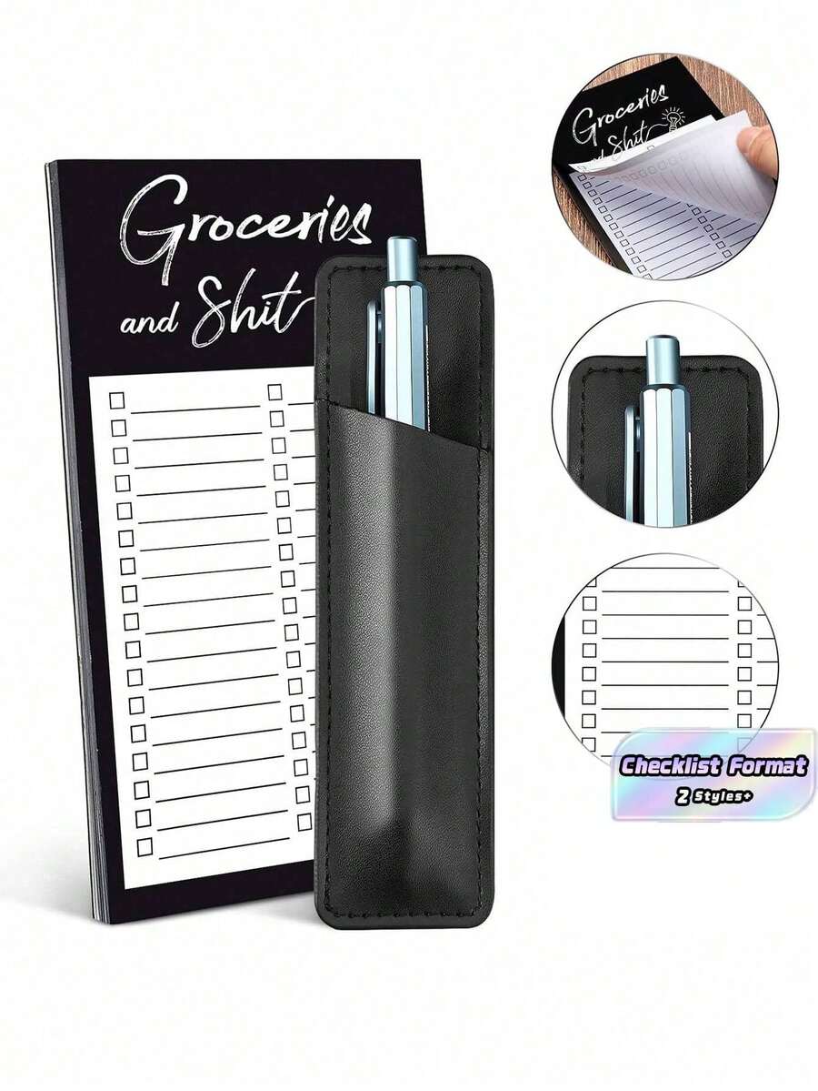Grocery List Pads Funny Memo Notepad Magnet Refrigerator Notepad With 1 Piece Pen Holder Magnetic Pu Leather Marker Pouch -For Shopping And To Do Lists (Without Pen) - Black - View 1