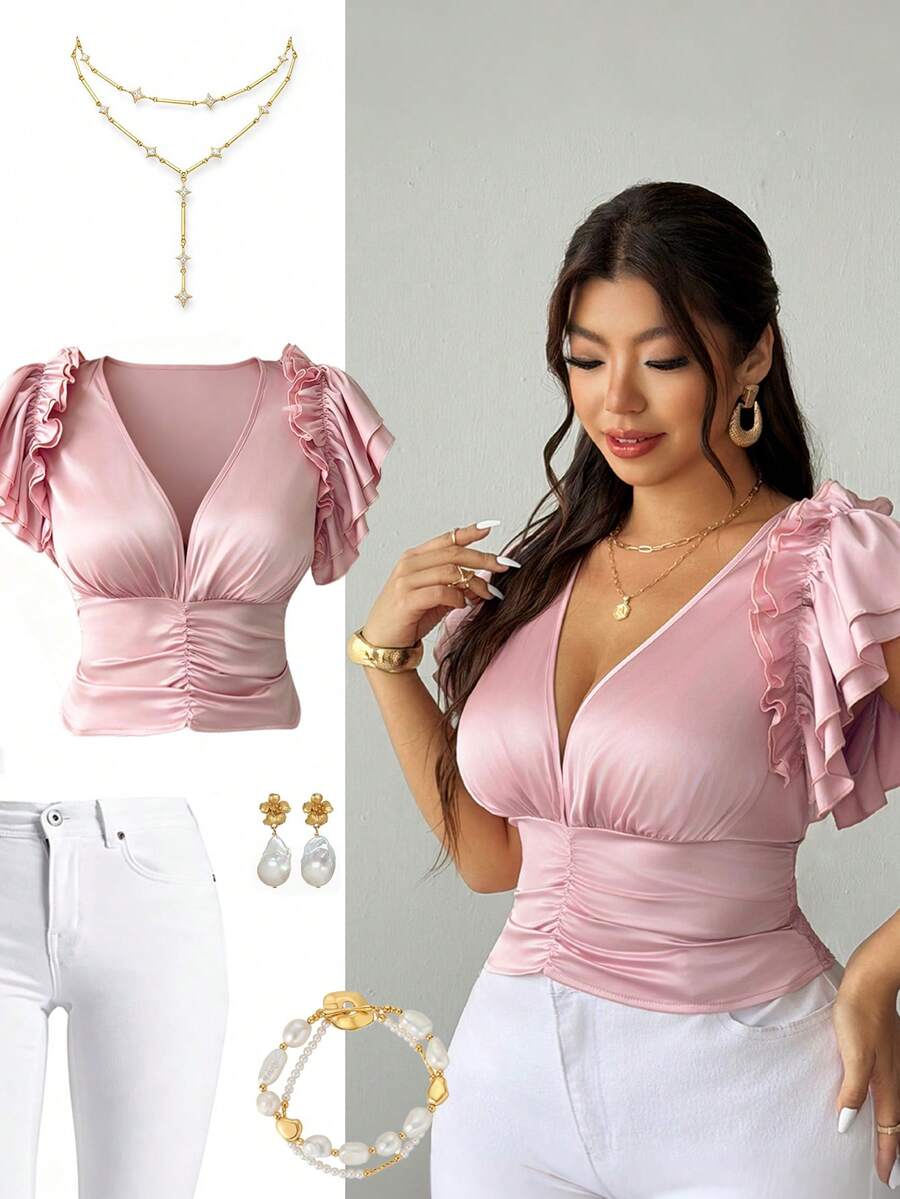 SHEIN Clasi Plus Size Romantic V-Neck Ruffle Design Blouse Gym Brown Autumn - Pink - View 1