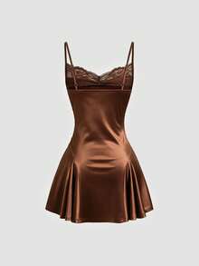 Sweetra Women's Lace Patchwork Ruffle Elegant Waist Cinched Camisole Dress, Suitable For Dates And Parties - Coffee Brown - View 2