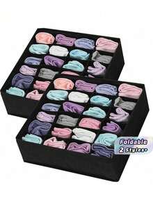 Black 24-Grid Socks Underwear Storage Box - Foldable Fabric Drawer Organizer For Bras Panties Scarf, Space-Saving Wardrobe Closet - Multicolor - View 1