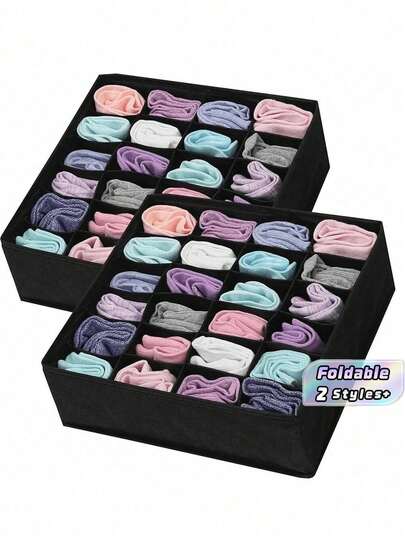 Black 24-Grid Socks Underwear Storage Box - Foldable Fabric Drawer Organizer For Bras Panties Scarf, Space-Saving Wardrobe Closet