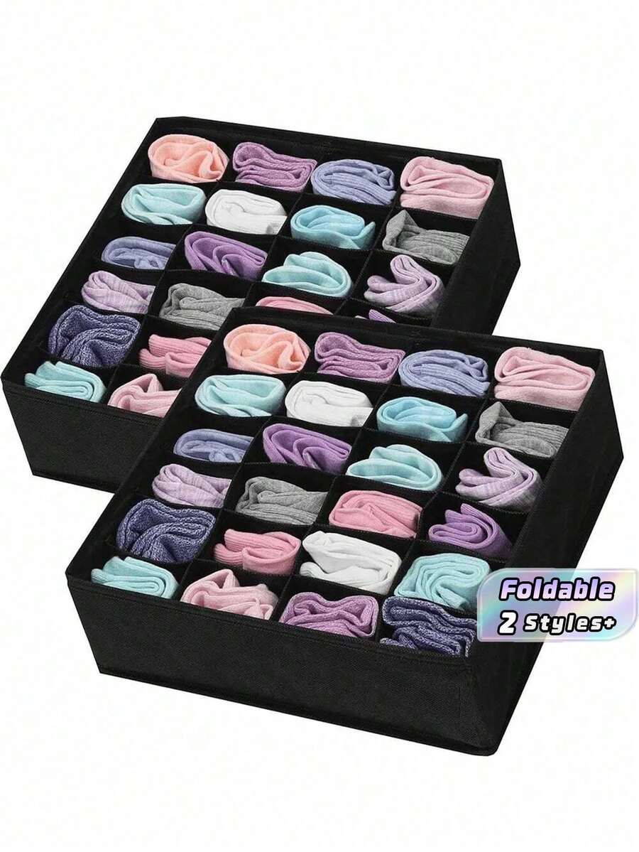 Black 24-Grid Socks Underwear Storage Box - Foldable Fabric Drawer Organizer For Bras Panties Scarf, Space-Saving Wardrobe Closet - Multicolor - View 1