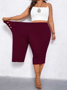 Elenzga Plus Size Women Casual Ruffle Hem Wide Leg Capri Pants - Burgundy - View 3
