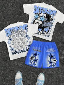 SHEIN Baby Boy Letter & Face Print Round Neck Short Sleeve T-Shirt And Shorts Casual Minimalist Set, Suitable For Summer - Multicolor - View 1