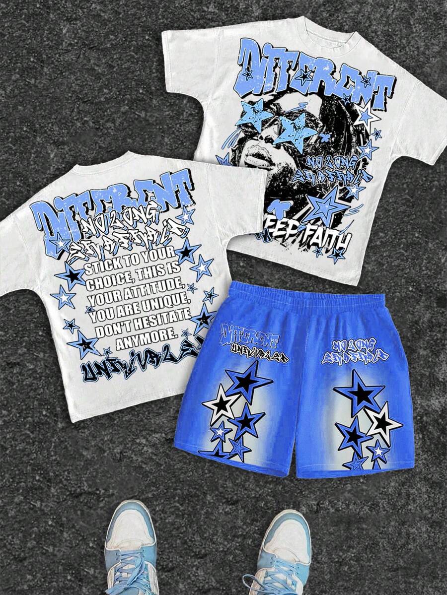 SHEIN Baby Boy Letter & Face Print Round Neck Short Sleeve T-Shirt And Shorts Casual Minimalist Set, Suitable For Summer - Multicolor - View 1