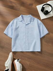 SWAVVY Camisa de manga corta de uso diario versátil y casual con cuello a cuadros y abotonadura sencilla para hombres - Azul - Ver 6