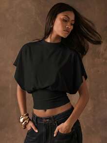 SHEIN BAE Camiseta corta de mujer de unicolor con mangas de murciélago minimalista - Negro - Ver 3
